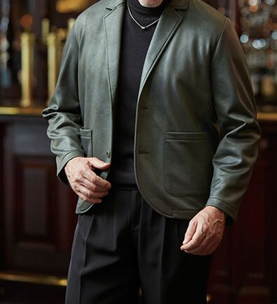 「フェイクレザーテーラードジャケット（メンズジャケット）」