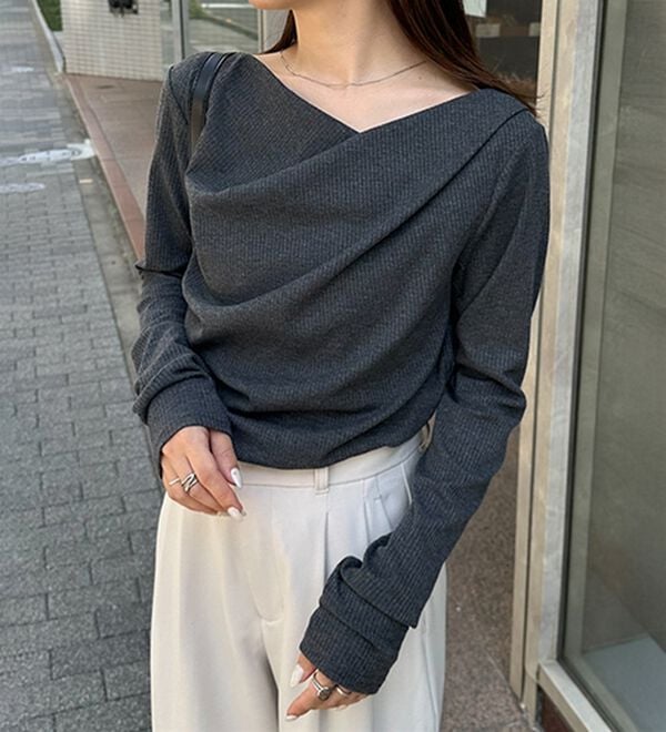 RANAN（ラナン）の「【春色追加】上品ドレープリブロングＴシャツ（カットソー）」｜詳細画像