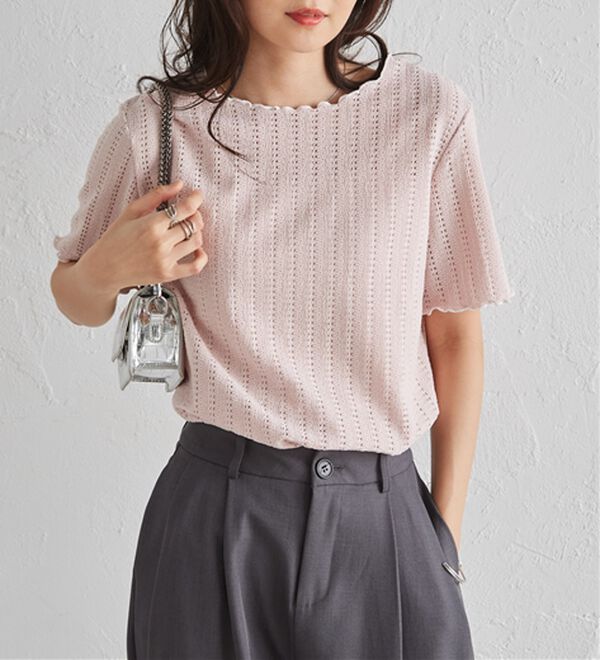 RANAN（ラナン）の「透かし柄メロー配色Ｔシャツ（カットソー）」｜詳細画像