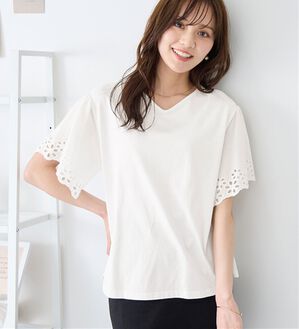 alotta（アロッタ）の「【接触冷感】綿１００％袖レースプルオーバー　さらひやりコットン【イエべ・ブルべ】（カットソー）」｜オフホワイト