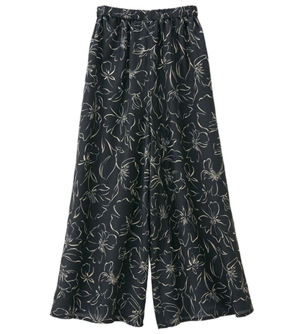 RANAN（ラナン）の「ひんやり！花柄プリントワイドパンツ（ワイドパンツ・ガウチョ）」｜ブラック系