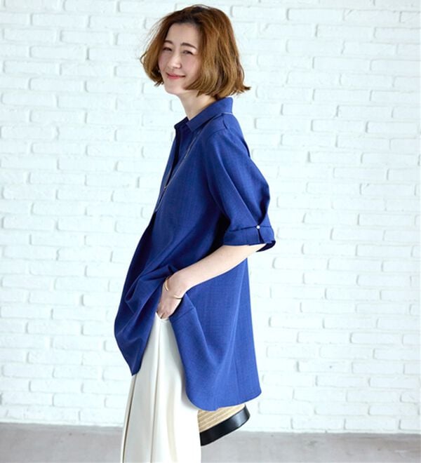 BELLUNA（ベルーナ）の「【接触冷感】麻調素材袖パール付シャツチュニック（チュニック）」｜詳細画像