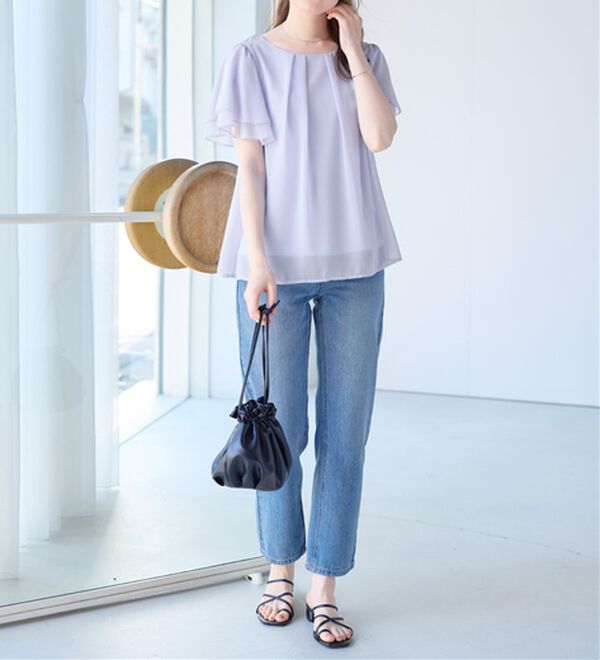 alotta（アロッタ）の「【５つの機能付】ひんやり！インナー付きフリル袖シフォンタックブラウス（ブラウス）」｜詳細画像