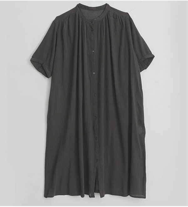 A HAPPY MARILYN（アハッピーマリリン）の「【Ｌ～６Ｌ】【風通るプレミアム】綿１００％ 楊柳 五分袖 ギャザーたっぷりワンピース（カットソーワンピース）」｜チャコール