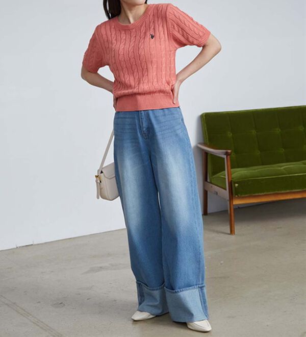 RANAN（ラナン）の「＜Ｕ．Ｓ．ＰＯＬＯ　ＡＳＳＮ．＞ワンポイント半袖ケーブルニット（ニット・セーター）」｜詳細画像