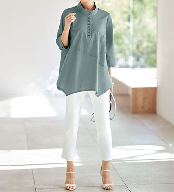 BELLUNA（ベルーナ）の「綿１００％スラブ素材スタンド衿切替ブラウス（ブラウス）」｜詳細画像