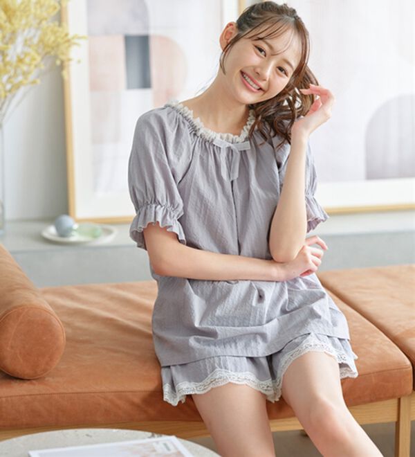 YU'NOW（ユナウ）の「【上下２点セット】スクエアネックドビーストライプパジャマ（パジャマ・ルームウェア）」｜詳細画像