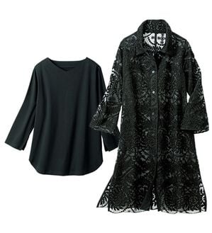 VINNO（ヴィノ）の「サークル刺しゅうジャケットアンサンブル（その他ジャケット）」｜黒