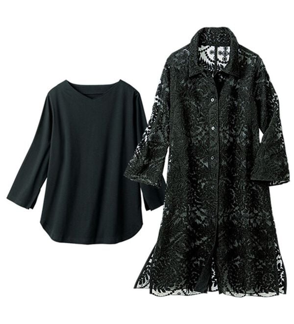 VINNO（ヴィノ）の「サークル刺しゅうジャケットアンサンブル（その他ジャケット）」｜黒