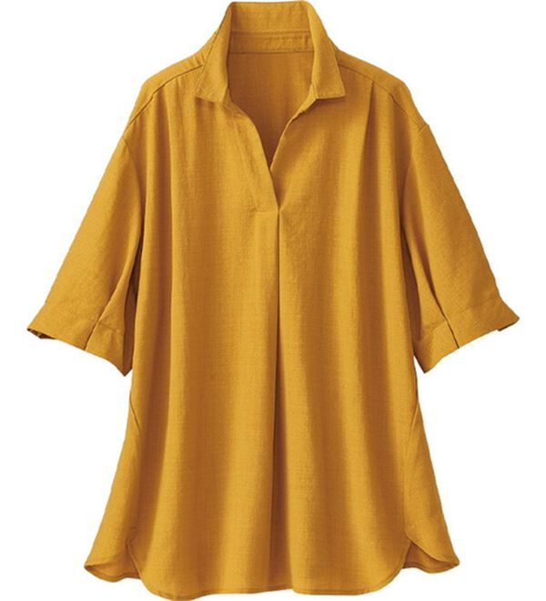 BELLUNA（ベルーナ）の「麻調素材袖タックデザインブラウス（ブラウス）」｜カラシ