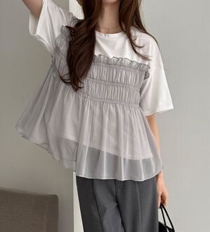 GeeRA（ジーラ）の「シアービスチェドッキングＴシャツ（カットソー）」｜オフ白&times;グレー