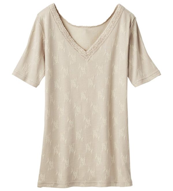 「なめらかシルク入りジャカード半袖インナー（肌着・インナーウェア）」｜ベージュ