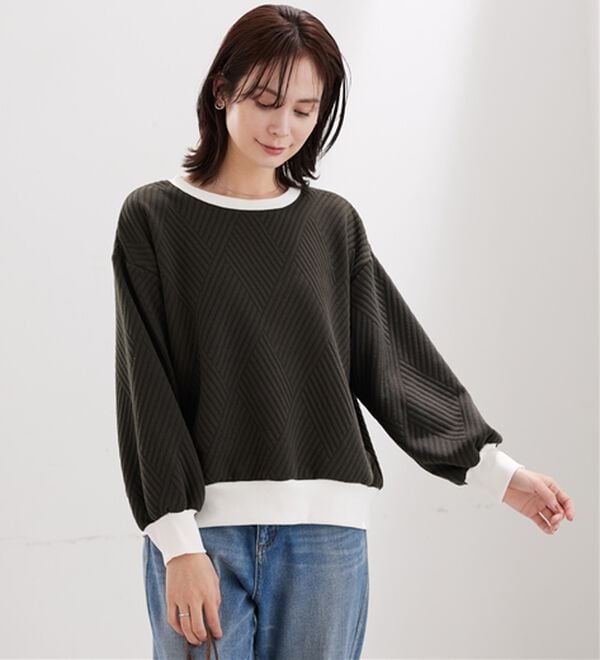 BELLUNA（ベルーナ）の「【新色追加】幾何柄ジャカード配色リブプルオーバー（カットソー）」｜詳細画像