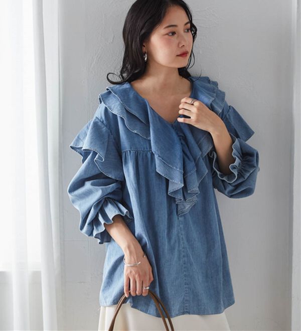 ビッグカラーフリルデニムブラウス - ベルーナ【公式】