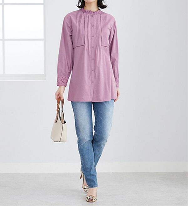 BELLUNA（ベルーナ）の「上品に着映える！衿＆袖レース切替シャツチュニック（チュニック）」｜詳細画像