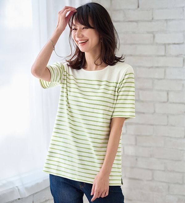 BELLUNA（ベルーナ）の「＜＆ｃｏｃｏｃｈｉ＞ハピネスコットン１００％なめらかボーダープルオーバー（カットソー）」｜白&times;ライム