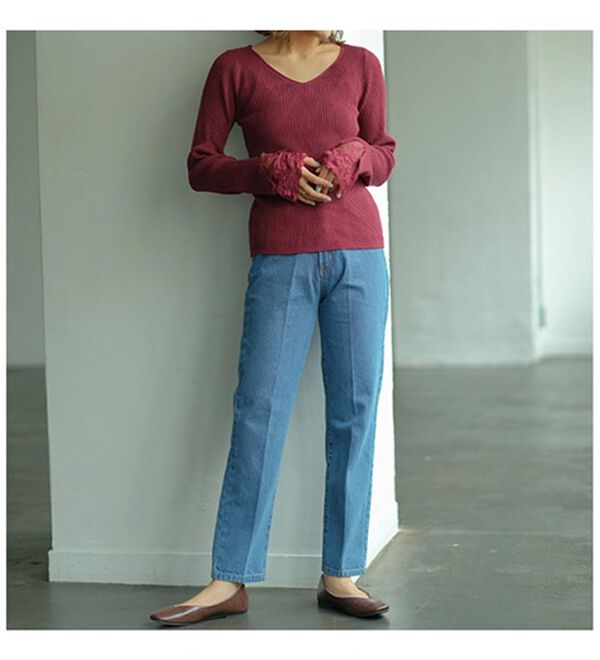 GeeRA（ジーラ）の「レース付Ｖネックリブニットトップス（ニット・セーター）」｜詳細画像