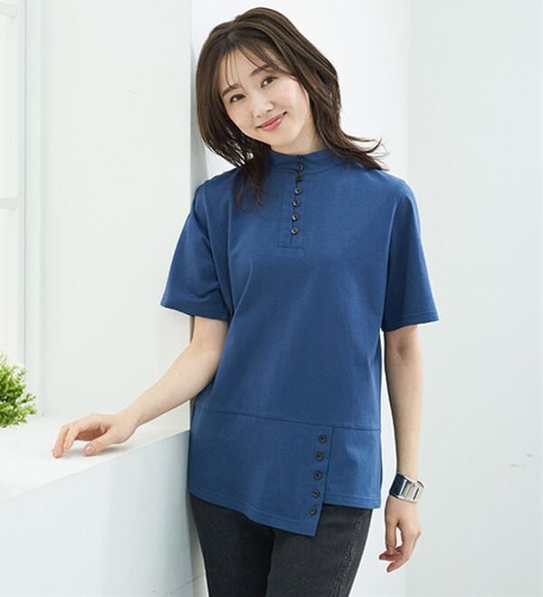 BELLUNA（ベルーナ）の「汗染み対策！綿１００％多ボタンハイネックＴシャツ（カットソー）」｜詳細画像