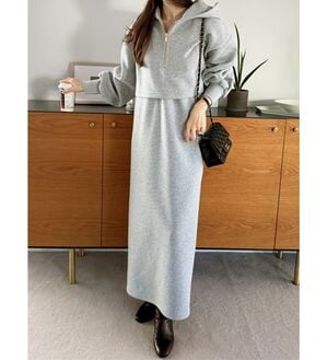 GeeRA（ジーラ）の「セットアップ風ハーフジップワンピース（カットソーワンピース）」｜杢グレー