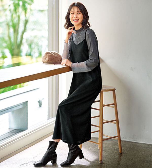 BELLUNA（ベルーナ）の「【2点セット】袖切替プルオーバー付ワンピアンサンブル（その他ワンピース）」｜黒系(袖ラメ入り)