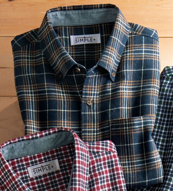 「シンプル＆プラス　フランネルチェックシャツ（メンズシャツ）」｜ブルーチェック(短め)