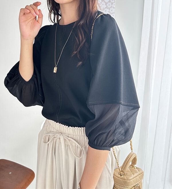 GeeRA（ジーラ）の「袖シアー切替ランタンスリーブトップス（カットソー）」｜詳細画像