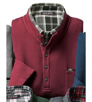 「重ね着いらずのダブル衿トレーナー（メンズトレーナー）」｜ワイン