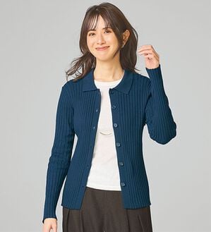 BELLUNA（ベルーナ）の「リブ素材衿付ニットカーディガン（ニットカーディガン）」｜ネイビー