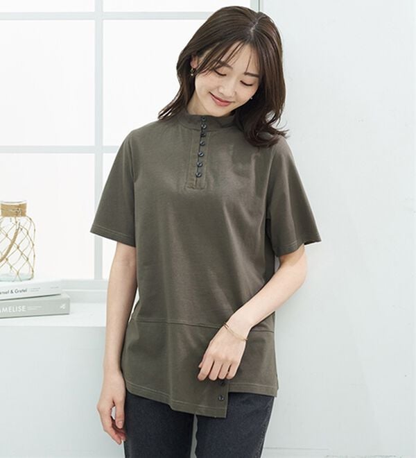 BELLUNA（ベルーナ）の「汗染み対策！綿１００％多ボタンハイネックＴシャツ（カットソー）」｜詳細画像