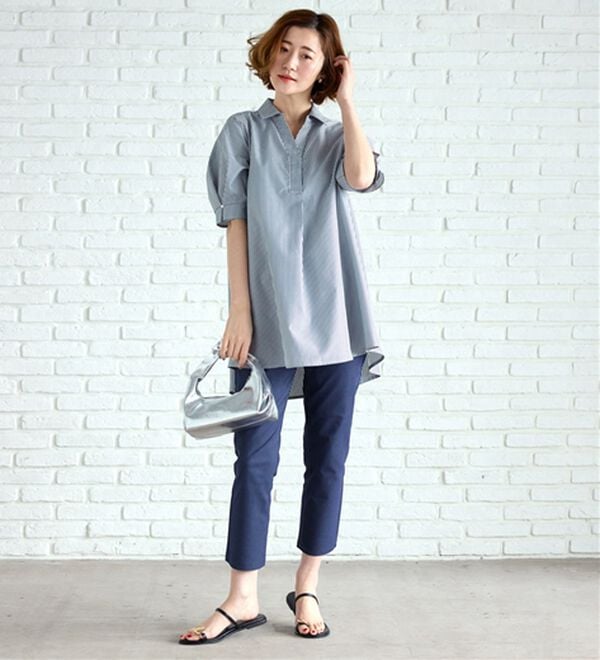 BELLUNA（ベルーナ）の「【接触冷感】麻調素材袖パール付シャツチュニック（チュニック）」｜詳細画像