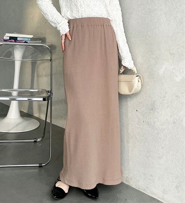 GeeRA（ジーラ）の「【着回し力◎】楽ちんすっきり見え！リブロングスカート（ロングスカート）」｜グレージュ