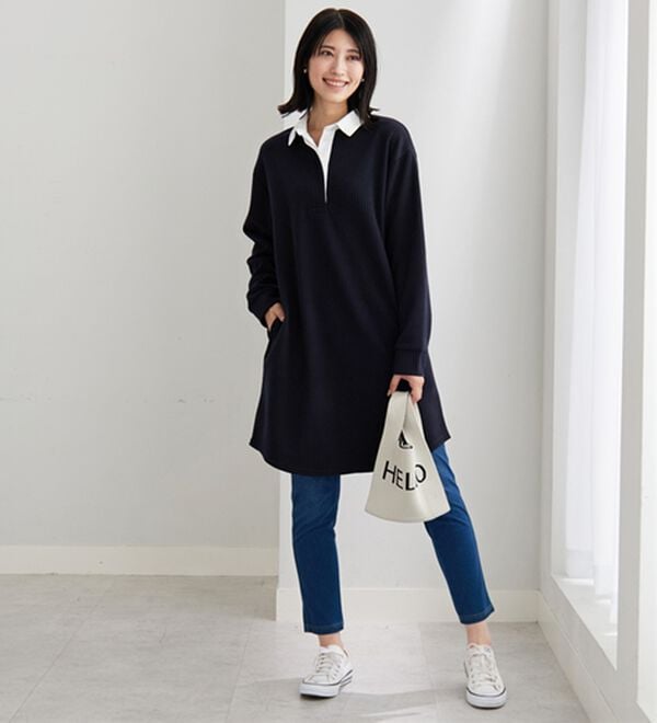 BELLUNA（ベルーナ）の「ボーダージャカード素材ラガーシャツワンピース（カットソーワンピース）」｜詳細画像