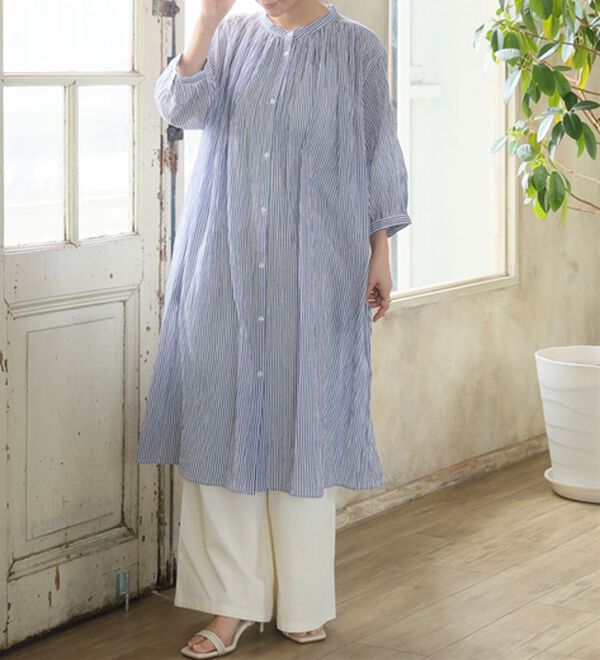 A HAPPY MARILYN（アハッピーマリリン）の「【Ｌ～６Ｌ】【選べる袖丈】【風通るプレミアム】綿・楊柳シャツチュニック（チュニック）」｜詳細画像