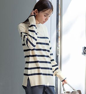 BELLUNA（ベルーナ）の「【新色追加】もちもち素材ハイネックニットプルオーバー（ニット・セーター）」｜オフ白&times;黒