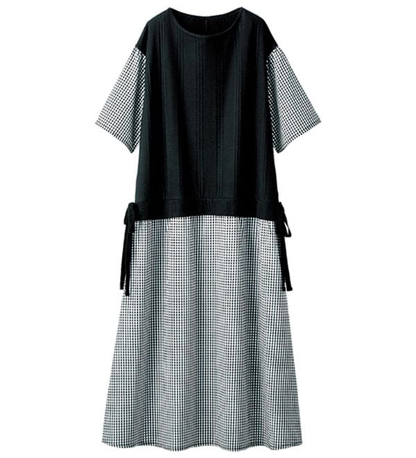 BELLUNA（ベルーナ）の「秒映え！異素材切替サイドリボン使いワンピース（ドッキングワンピース）」｜黒系