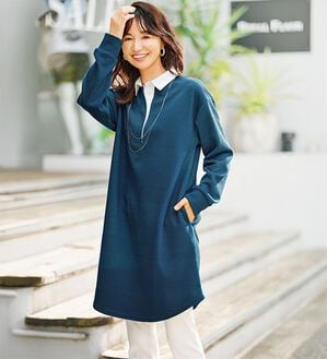 BELLUNA（ベルーナ）の「ボーダージャカード素材ラガーシャツワンピース（カットソーワンピース）」｜ターコイズ