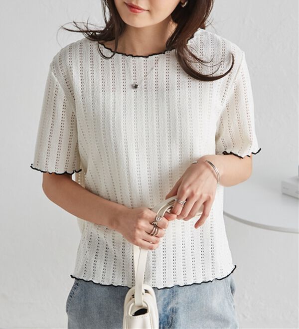 RANAN（ラナン）の「透かし柄メロー配色Ｔシャツ（カットソー）」｜詳細画像