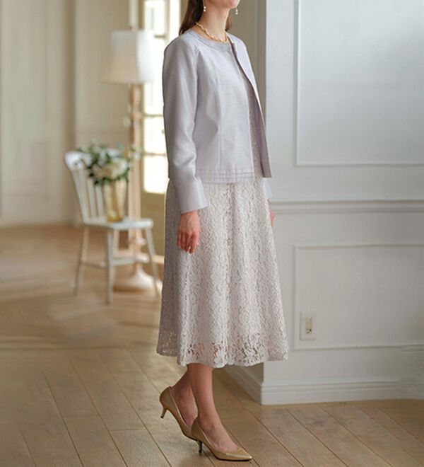 BELLUNA（ベルーナ）の「シャンタン素材ノーカラージャケットレースワンピースアンサンブル（ワンピースセットスーツ）」｜詳細画像