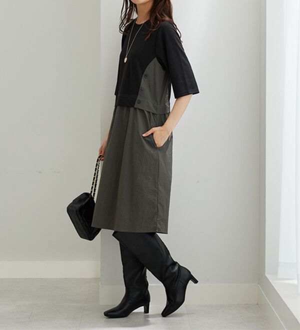 BELLUNA（ベルーナ）の「異素材切替ボタン使い配色ワンピース（その他ワンピース）」｜詳細画像