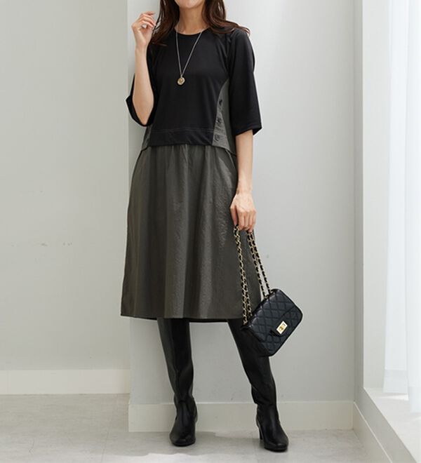 BELLUNA（ベルーナ）の「異素材切替ボタン使い配色ワンピース（その他ワンピース）」｜詳細画像