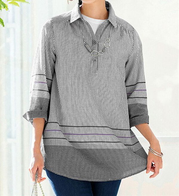 ルフラン（ルフラン）の「ストライプ×ギンガムの爽やかブラウス＜ロイル＞（シャツ）」｜チャコール系
