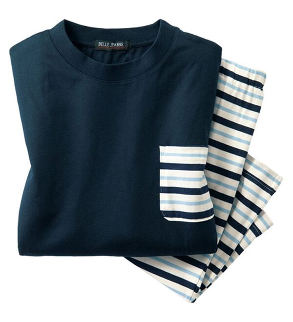 「綿混半袖ボーダーパジャマ（メンズルームウェア）」｜ネイビー／ボーダーセット