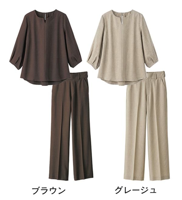 BELLUNA（ベルーナ）の「【シワになりにくい】ひんやりリネンライク素材キーネックブラウス・ワイドパンツ（ブラウス）」｜詳細画像