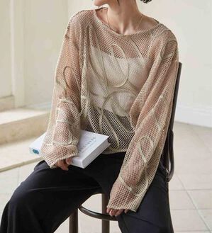 RANAN（ラナン）の「コード刺繍シアーメッシュTシャツ（カットソー）」｜ベージュ