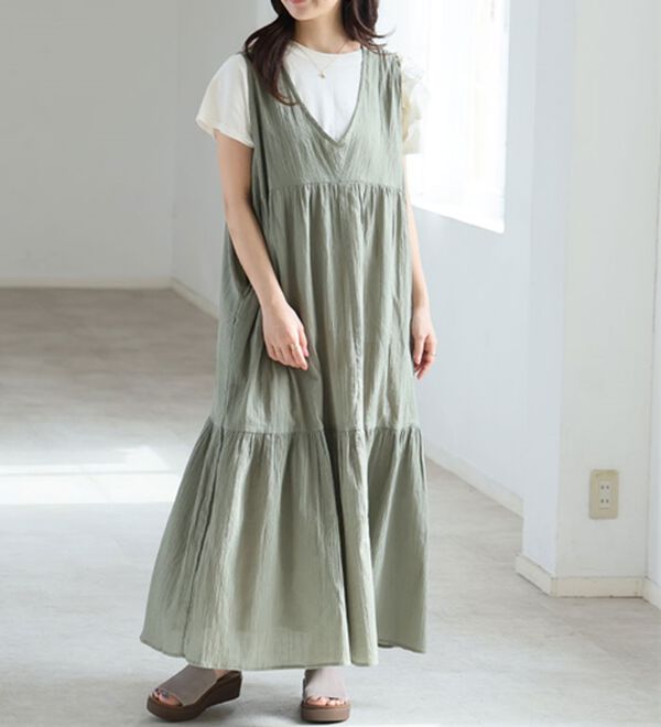 大きいサイズ】【L～6L】Vネックノースリーブワンピース【風通る
