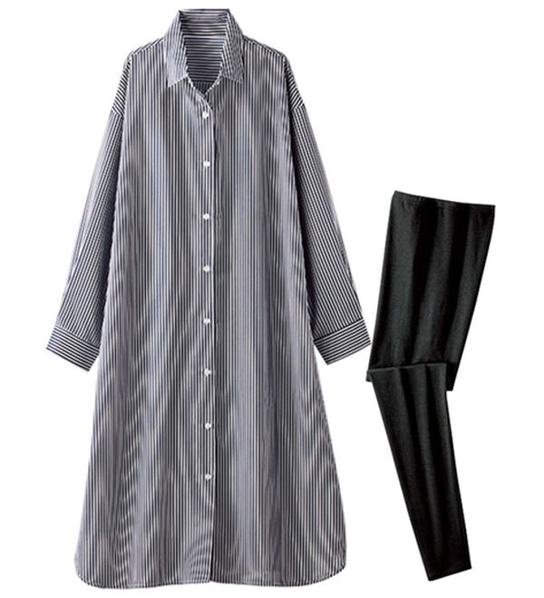 BELLUNA（ベルーナ）の「麻調シャツワンピース＆レギンスセット（アンサンブル）」｜詳細画像