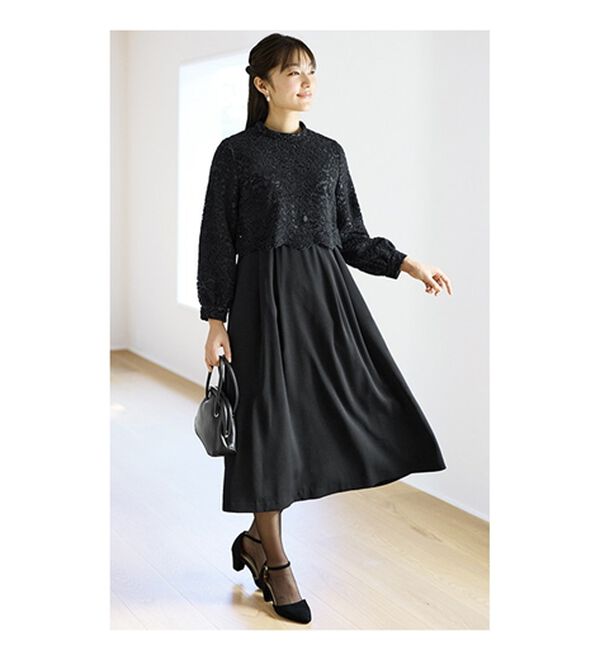 BELLUNA（ベルーナ）の「花柄レース使いドッキングワンピース（ブラックフォーマル（喪服・礼服））」｜詳細画像