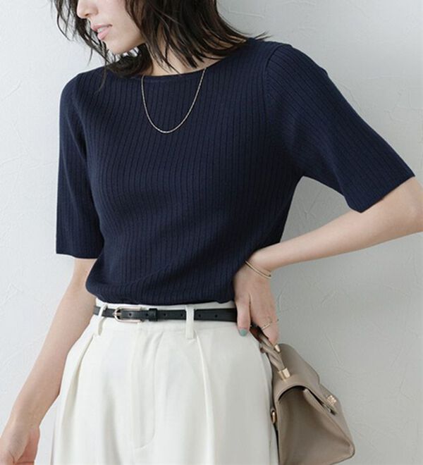 Pierrot（ピエロ）の「【洗濯機で洗える】ネックが選べるシルクタッチ半袖リブニット（ニット・セーター）」｜ネイビー