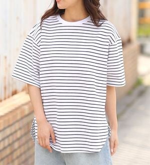 A HAPPY MARILYN（アハッピーマリリン）の「【Ｍ～８Ｌ】【ハッピーさらりん】裾ラウンド五分袖Ｔシャツ（Tシャツ）」｜オフ&times;ブラック