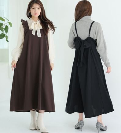 A HAPPY MARILYN（アハッピーマリリン）の「【Ｌ～６Ｌ】スポッと着られる！バックリボンｏｒ肩フリルから選べるバックデザインワンピ－ス（ジャンパースカート）」